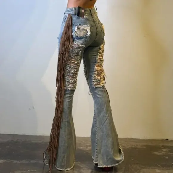 Bell Bottom High Waisted Jeans with Fringes S - Picture 3 of 8